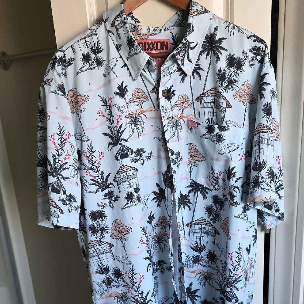 DIXXON Men's Palm Tree and Hut Print Shirt - White and Black